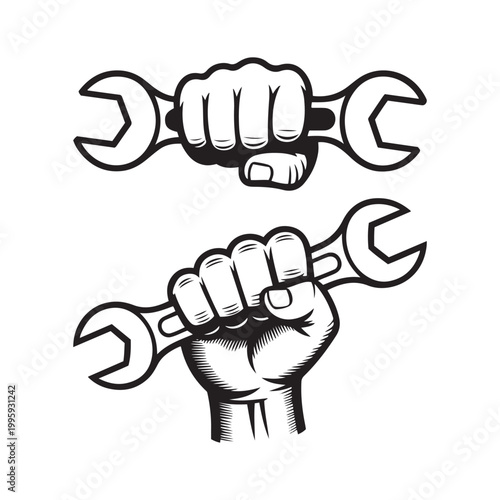 Two fists holding adjustable wrenches in black and white line