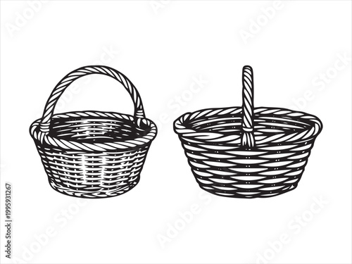 Two hand drawn wicker baskets with handles on white background