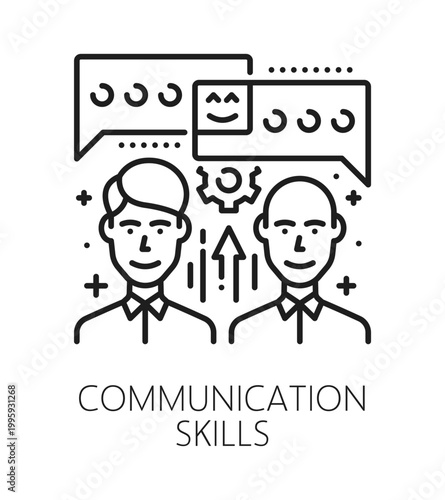 Communication life skills line icon or sign. Personality potential outline vector sign, person life skills linear symbol. Human communication ability icon or pictogram with two speaking man characters
