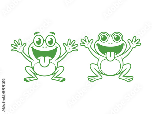 Two green cartoon frogs with wide smiles and tongues out