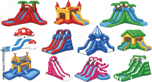 Inflatable water slides and playground structures set illustrating kids entertainment, amusement park attractions, summer fun activities, and outdoor recreation vector illustration
