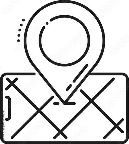 Trip route location point line icon or emblem. Travel direction outline vector sign, trip location marker symbol. Destination pin icon or navigation point outline pictogram with smartphone app map