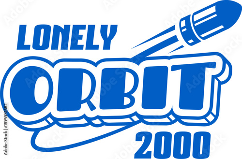 Blue Y2K streetwear lonely orbit icon or print. Streetwear futuristic funky icon, apparel typography Y2K isolated vector print. Clothing text vintage label element or brand graphic retro emblem