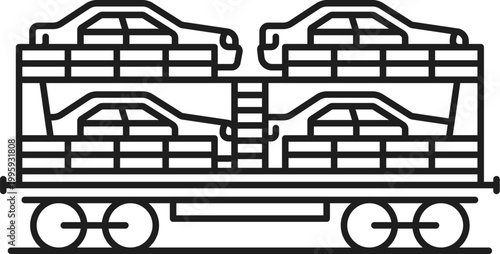 Cars shipping wagon, cargo transportation railway line icon or sign. Freight railroad transportation linear pictogram, goods shipment railway industry vector symbol. Vehicles and auto logistics icon
