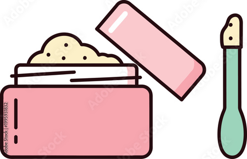 This vector illustration depicts a pink cosmetic cream jar alongside a green applicator spatula for applying skincare moisturizer or beauty lotion. The simple flat graphic design is ideal for professi