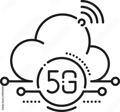 5G technology cloud computing and broadband line icon. Mobile signal transmission outline pictogram, 5G connection vector sign. Wireless communication symbol with cloud and computer motherboard trace