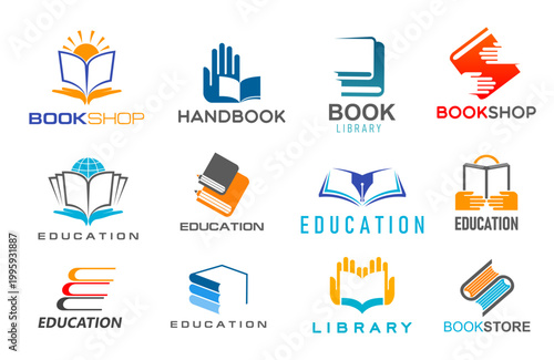 Education, library, handbook and book shop store icons of open books, vintage feather pen quill and sun, hands and globe vector silhouettes. Bookstore, school or university library modern symbols set