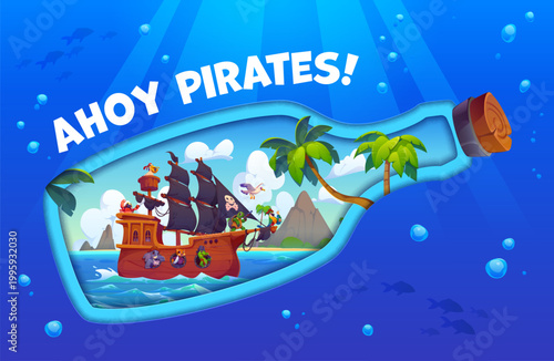 Kids party banner with paper cut pirate bottle with treasures map, ship, tropical island with palms playful corsair animal characters inside and Ahoy pirates quote. Cartoon vector sea underwater scene