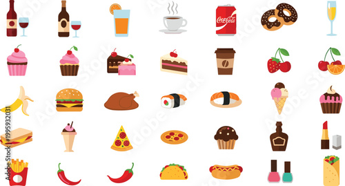 Food and Drinks Icons Set with Fast Food, Desserts, Sushi, Coffee, and Beverage Collection for Vector Illustration.