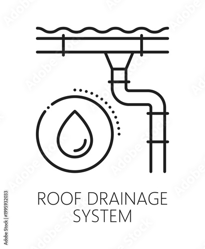 House roof drainage system installation line icon or symbol. Home roof drainage repair outline pictogram, waterproofing service vector sign. House renovation and construction company symbol or icon