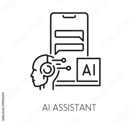AI assistant artificial intelligence technology icon featuring of human head with circuit elements, chat bubbles on smartphone, and AI label. Vector symbol for digital product presentation