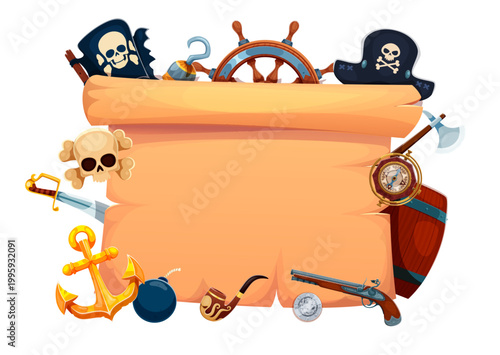 Vintage pirate banner featuring an old parchment scroll surrounded by pirate attributes. Vector banner with Jolly Roger flag, ship wheel, skull and crossbones. Pirate banner for party invitations