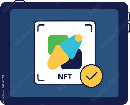 NFT digital art displayed on a tablet screen shown as a flat vector illustration design element featuring colorful geometric shapes and a verification checkmark symbol perfect for modern blockchain te