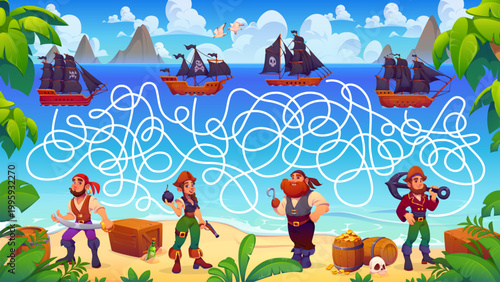 Cartoon pirate labyrinth maze game with sail ships and corsairs. Pirate maze featuring sailor with dagger, pirate girl with pistol and boatswain with hook hand. Vector activity for party games