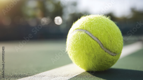 Close-up of a bright yellow tennis ball on a green tennis court near the line with equipment