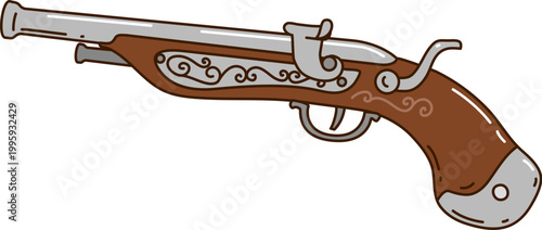 Cartoon pirate gun or corsair musket rifle for groovy vector game icon. Caribbean pirate musket or flintlock pistol, ancient marine weapon pistol and corsair maritime firearm or arquebus gun