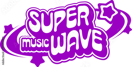 Purple Y2K streetwear music super wave groovy label or print. Clothing isolated Y2K label, apparel graphic sticker. Streetwear print