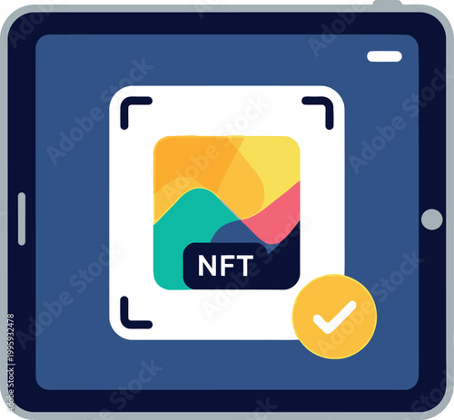 NFT digital art displayed on a modern tablet screen as a creative vector illustration depicting non fungible token technology marketplace concepts for secure online trading and exclusive blockchain as