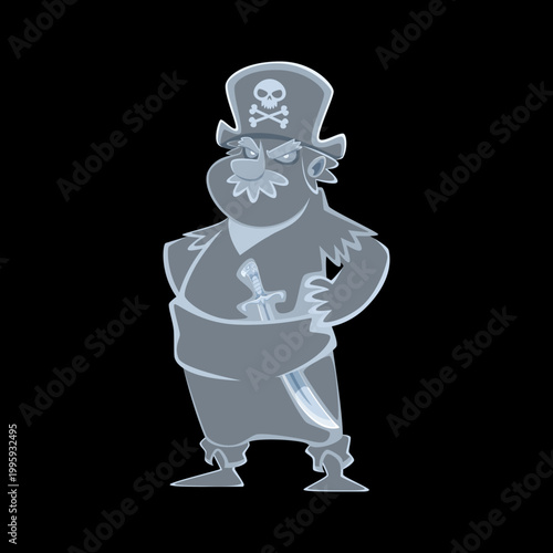 Cartoon pirate ghost character standing with arms akimbo and curved sword. Spooky corsair sailor spirit Halloween personage in tricorn hat and classic pirate costume. Vector undead buccaneer phantom