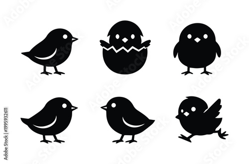 Bild auf Leinwand Cute black bird silhouette vector icon set, adorable baby chick graphic collection, simple avian animal illustration for spring and Easter designs, isolated on white background
