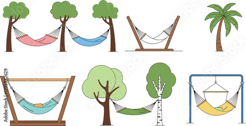 Hammocks set with trees, wooden stands, and tropical palm illustrating relaxation, outdoor leisure, camping comfort, and summer vacation lifestyle vector illustration