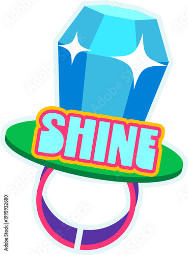 Shiny jewelry ring Y2K groovy sticker or retro tag. Retro 60s cartoon vector label, cute funky patch. Vintage 80s groovy tag or funny positive Y2K sticker with giant blue diamond gemstone on ring