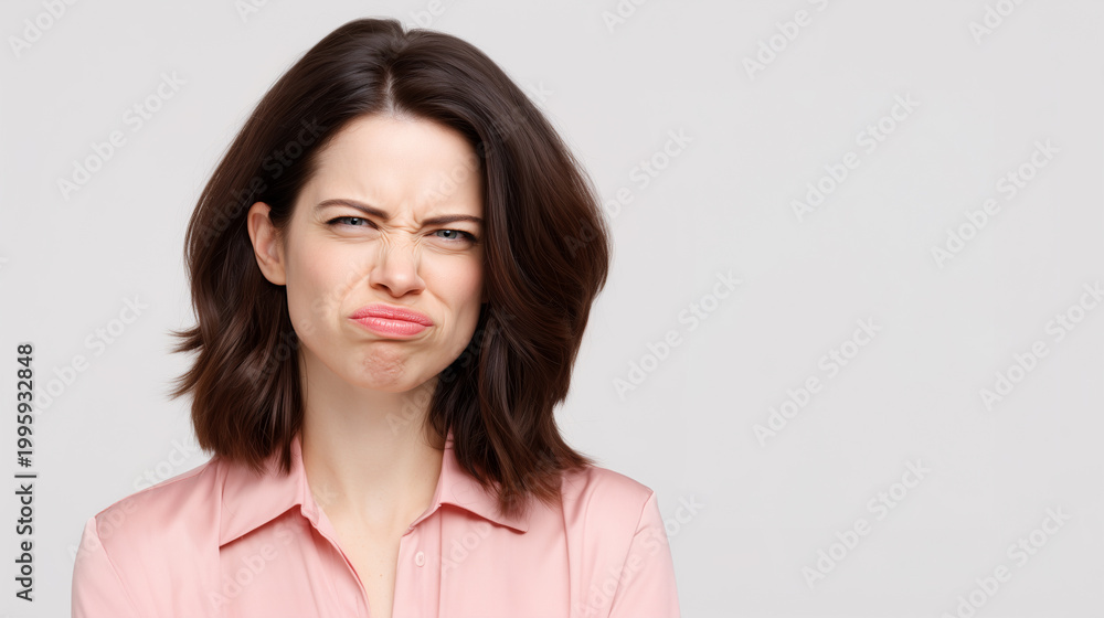 Obraz premium Young brunette woman in pink shirt making skeptical disgusted grimace with furrowed brow and pouting lip against grey background. Expressive portrait conveying doubt, disapproval and irony.