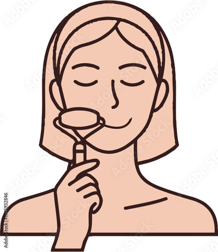 Clean vector graphic illustration of a blonde woman performing a facial skincare routine with a jade roller. This simple cartoon design depicts self-care, beauty, and wellness for cosmetic, spa, and l