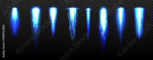 Rocket launch blue fire flame trails, flame shapes range from narrow beam to wide burst. Glowing flames create a powerful sense of speed and energy. Spaceship vector launch effect