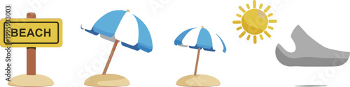 Beach elements set with signboard, umbrellas, sun, and footwear illustrating summer vacation, seaside relaxation, travel concept, and coastal lifestyle vector illustration