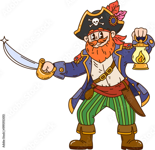 Cartoon pirate character, funny groovy corsair captain or boatswain, skipper and sailor, vector personage for game. Caribbean pirate in corsair tricorne hat with Jolly Roger crossbones and saber sword