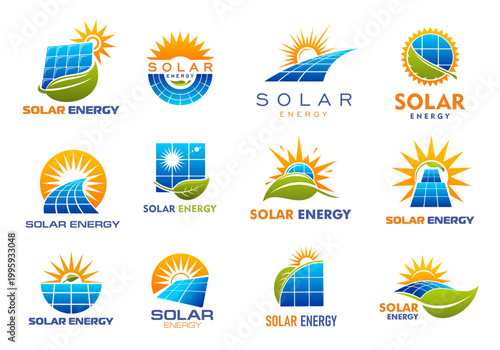 Solar energy technology icons. Blue photovoltaic panel grids with radiant orange sun, sunburst and green leaves as renewable technology symbols set. Green solar power company isolated signs