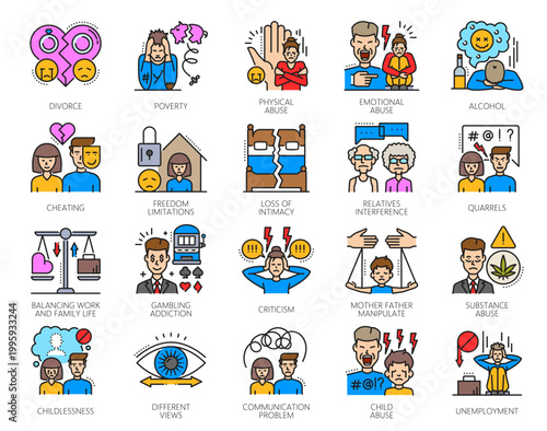 Family psychological problems color icons of people couple and kids stress, vector pictograms. Family psychological problems of husband and wife relationship problems, emotional abuse, and quarrels