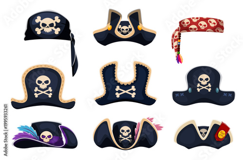 Pirate tricorn, corsair captain hats and sailor bandana, vector black tricorns with skulls and crossbones. Red skull patterned bandana, hats adorned with feathers and gold edges. Pirate headwear hats