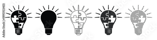 Creative lightbulb puzzle vector icon set, black and white idea symbol collection for problem-solving, innovation, and business strategy concepts, versatile graphic resource for web and print
