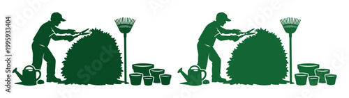 Gardener trimming bush silhouette, green garden care vector illustration. Professional landscaping service, outdoor plant maintenance, and horticulture work icon set.