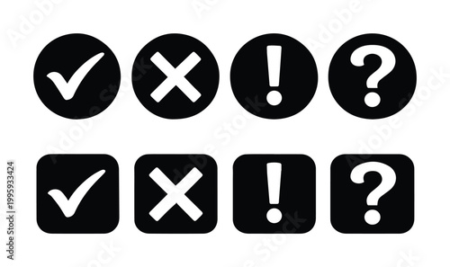 Essential black and white checkmark icons, cross mark symbols, exclamation point, and question mark signs. Versatile vector set for user interface design and decision-making graphics.