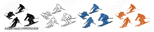 Dynamic Skiing Silhouettes Vector Set. Diverse Skiers in Action, Winter Sports Graphics Collection, Black, Outline, Blue, and Orange Skier Figures for Active Lifestyle Designs.
