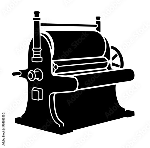 Vintage Printing Press Machine Silhouette Vector Illustration Retro Industrial Roller Equipment Icon Professional Graphic Design Studio Logo Element