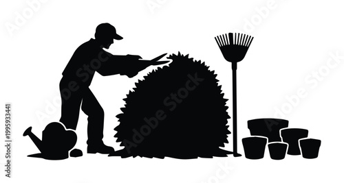 Gardener silhouette, person trimming a large bush, garden tools vector illustration. Landscaping and yard work concept, black and white graphic resource for outdoor maintenance.