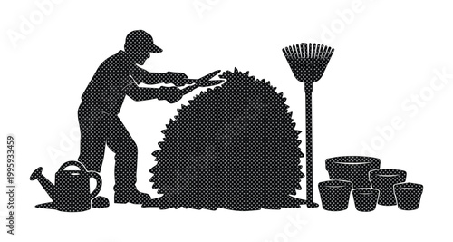 Gardener silhouette, black and white vector illustration of a man trimming a bush; gardening tools, rake, watering can, and plant pots for landscaping and horticulture design.