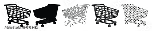 Shopping Cart Vector Icon Set, 5 Black and White E-commerce Symbols. Retail, Grocery, and Online Store Basket Graphics for Web Design and Marketing.