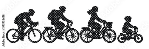 Family cycling silhouette vector set, diverse group of people riding bicycles, healthy outdoor activity, active lifestyle graphic resource, black and white design