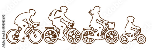 Family cycling silhouettes, diverse group of people riding bicycles, active lifestyle vector illustration, outdoor recreation and healthy living concept