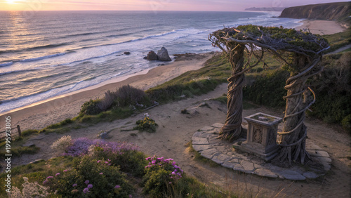 Dramatic coastal podium sculpture at golden hour seaside sunset