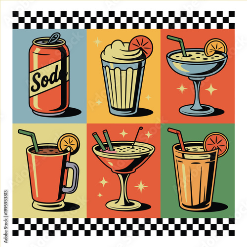 Retro style colorful drinks illustration soda milkshakes cocktails checkered vintage background