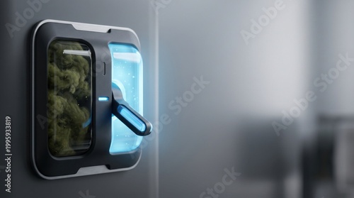 Futuristic device with green substance and blue liquid for innovative solutions