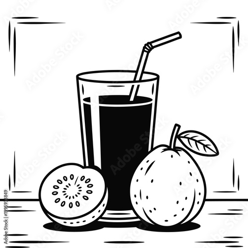 Black white guava juice glass illustration with straw fresh fruit tropical drink concept