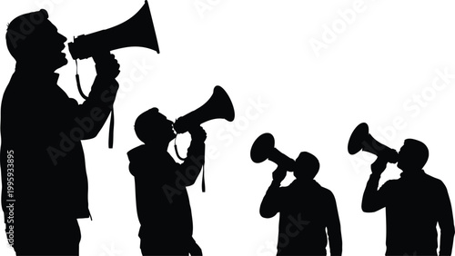 Protestors with megaphones a silhouette of collective voice
