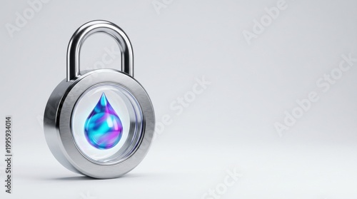 Metallic padlock with a glowing water drop representing protection